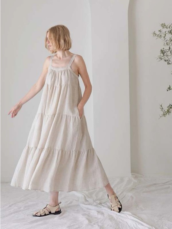 Laude The Label Dresses & Skirts - Anthropologie Laude The Label Strappy Tiered Natural Linen Maxi Dress Size XS